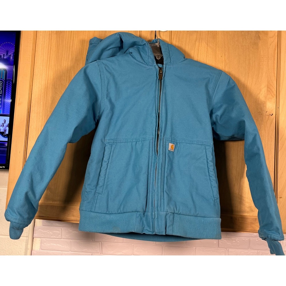 Carhartt Active Jacket Kids L 14 Blue Sherpa Lined Hooded Canvas Coat